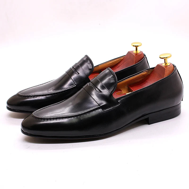 Men's patinated leather penny loafers, Brown, side view