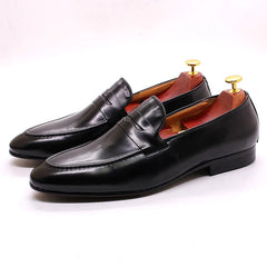 Men's Patinated Leather Penny Loafers, Black
