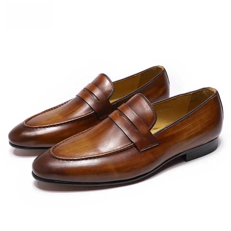 Men's patinated leather penny loafers, Dark Brown, pair view