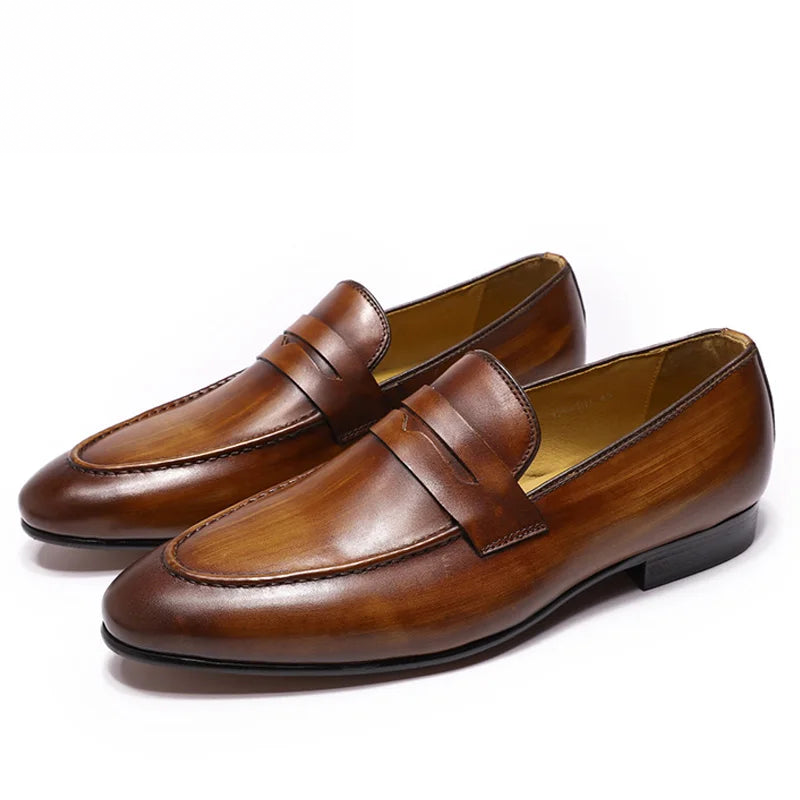 Men's patinated leather penny loafers, Black, top view