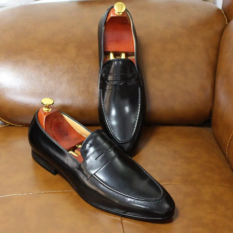 Men's patinated leather penny loafers, Brown, heel view