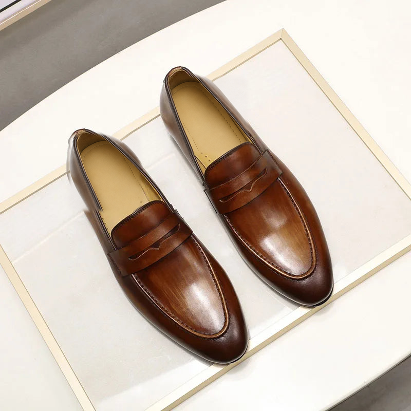 Men's patinated leather penny loafers, Dark Brown, sole view