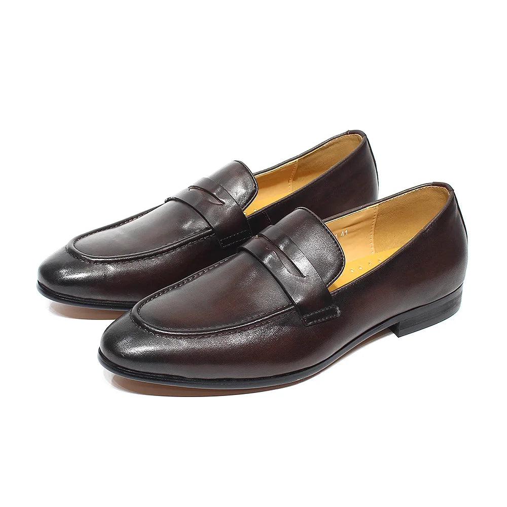 Men's patinated leather penny loafers, Black, worn look