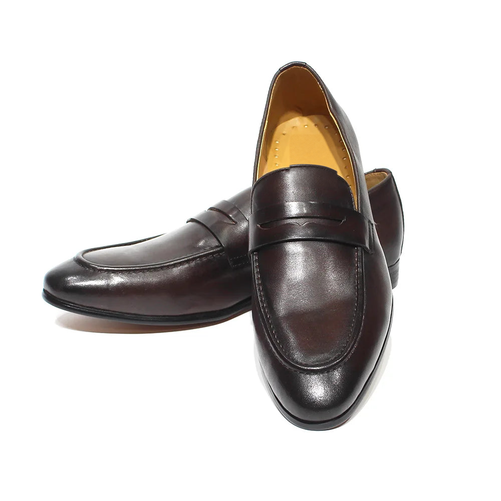 Men's patinated leather penny loafers, Brown, detail view