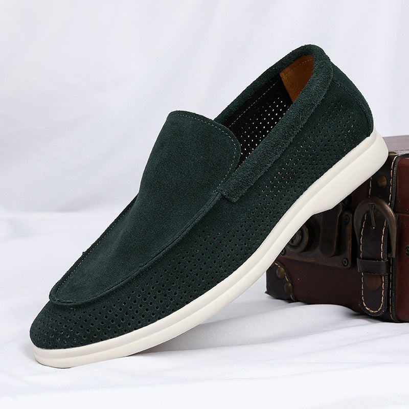 men's perforated suede loafer with white sole, view 11