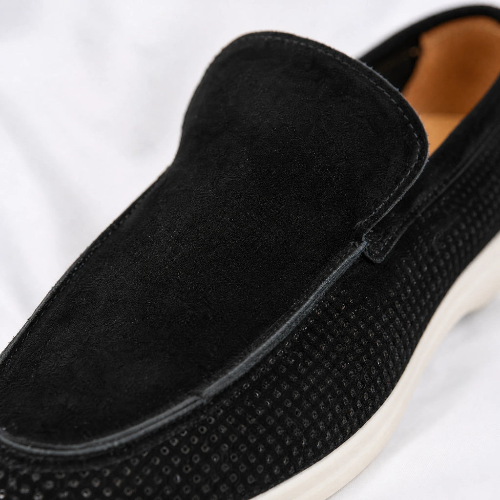 men's perforated suede loafer with white sole, view 2