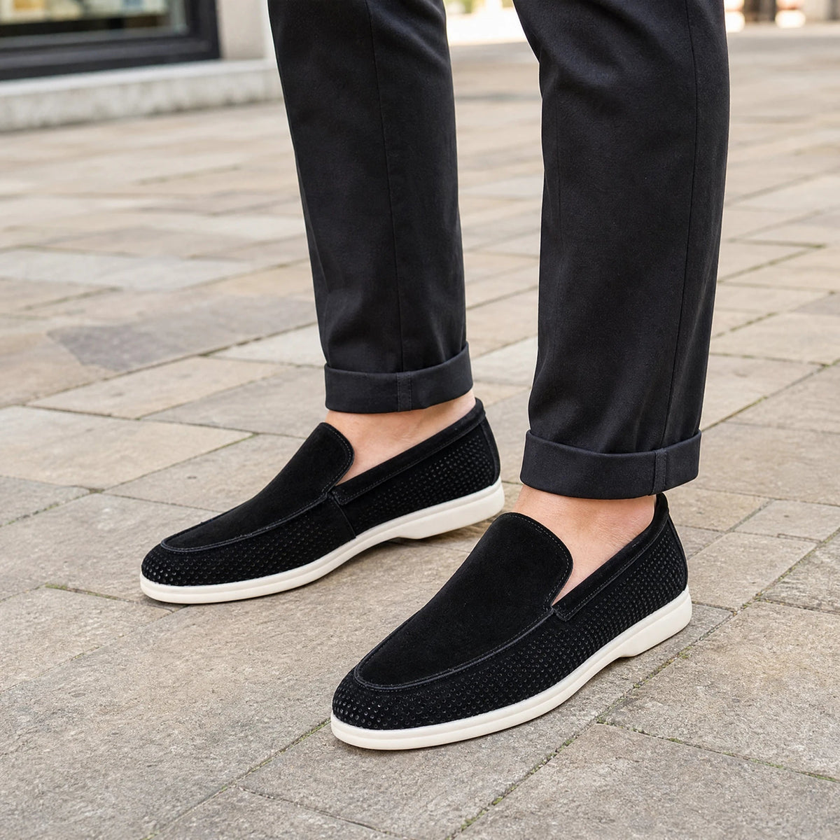 men's perforated suede loafer with white sole, view 3