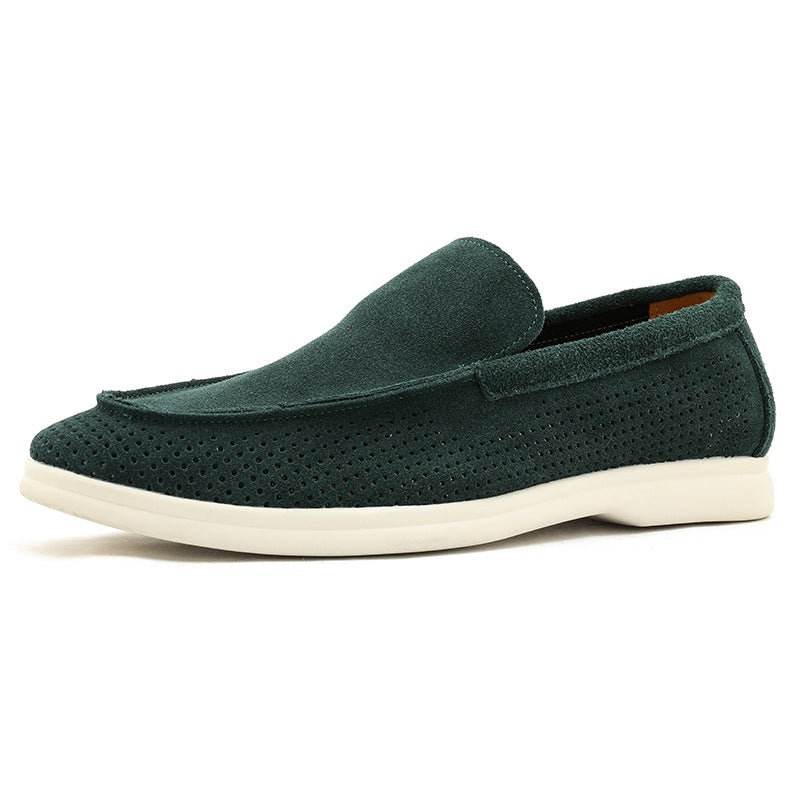 men's perforated suede loafer with white sole, view 6