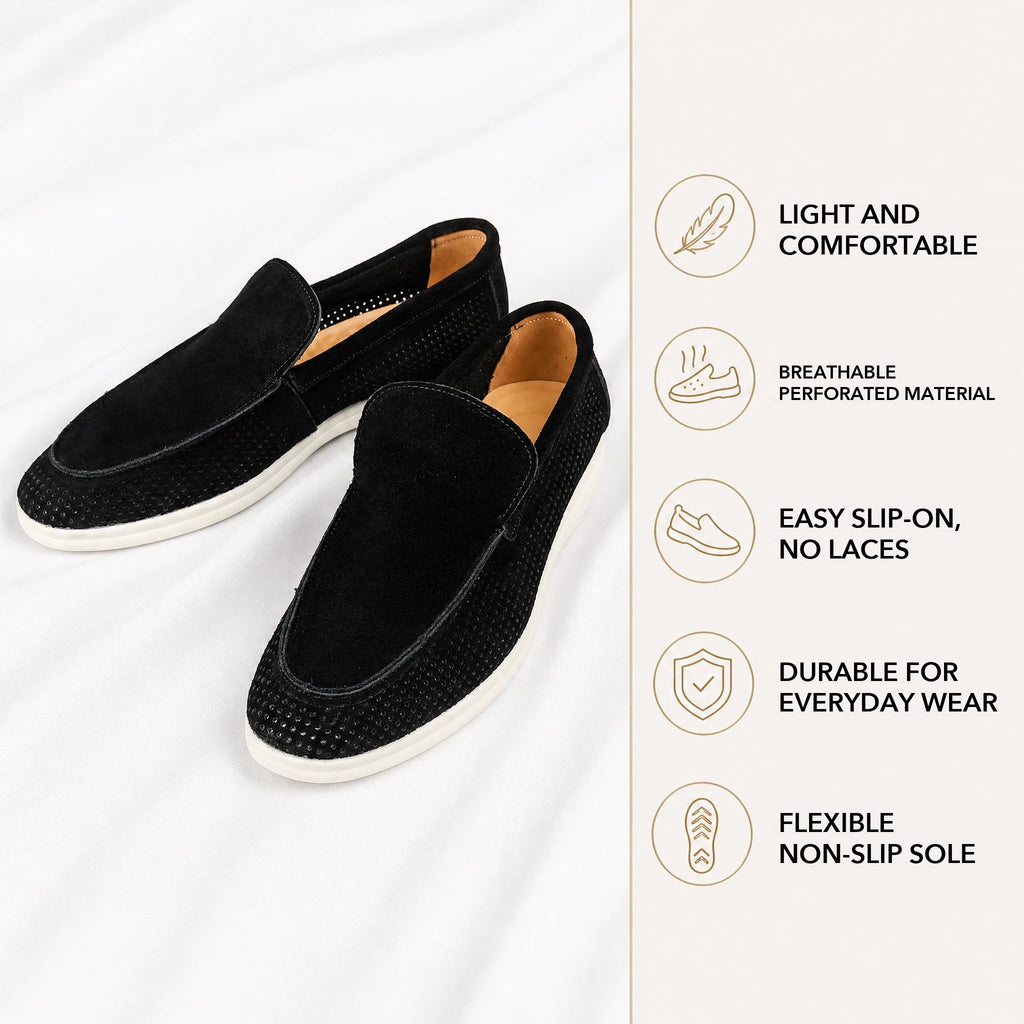 men's perforated suede loafer with white sole, view 4