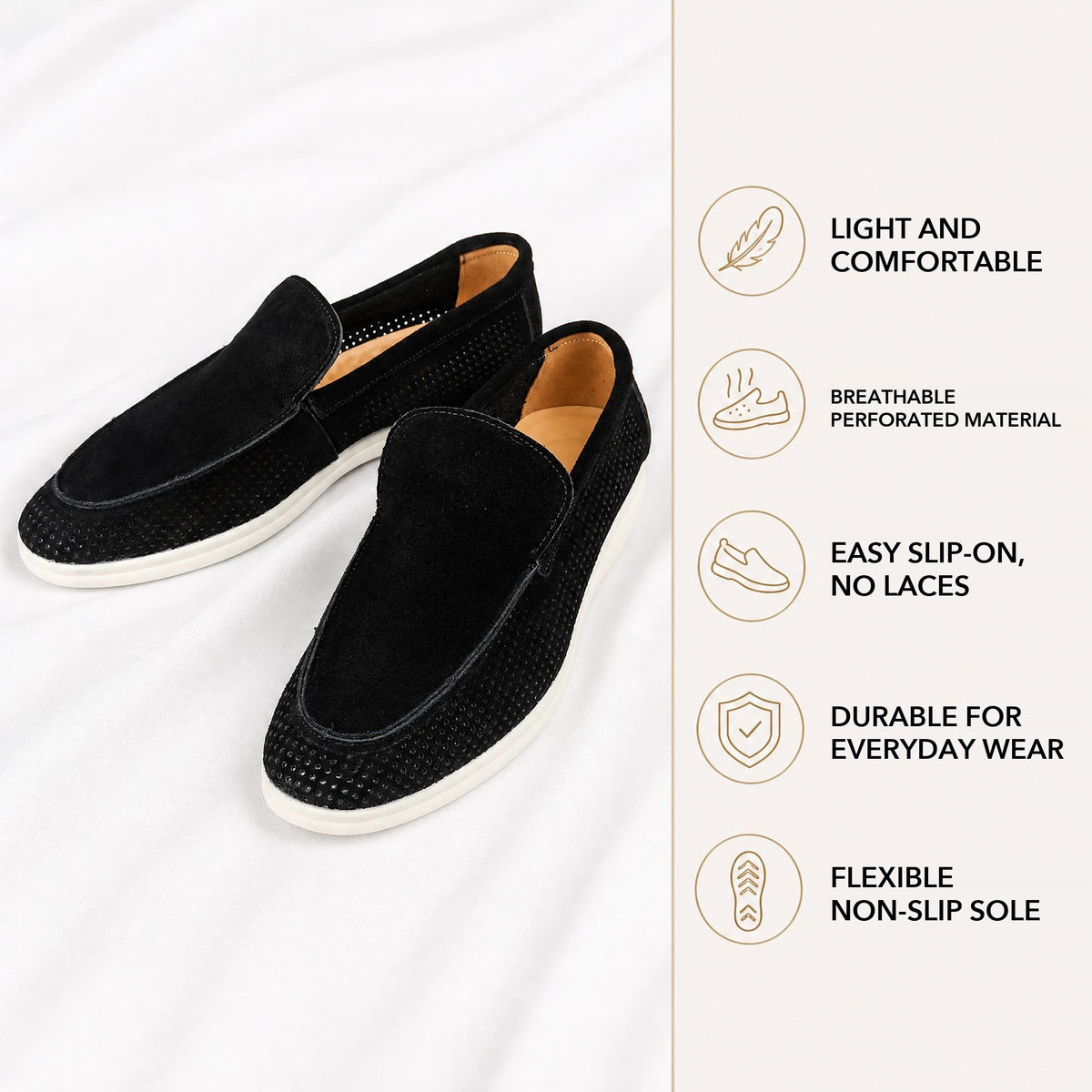 men's perforated suede loafer with white sole, view 4