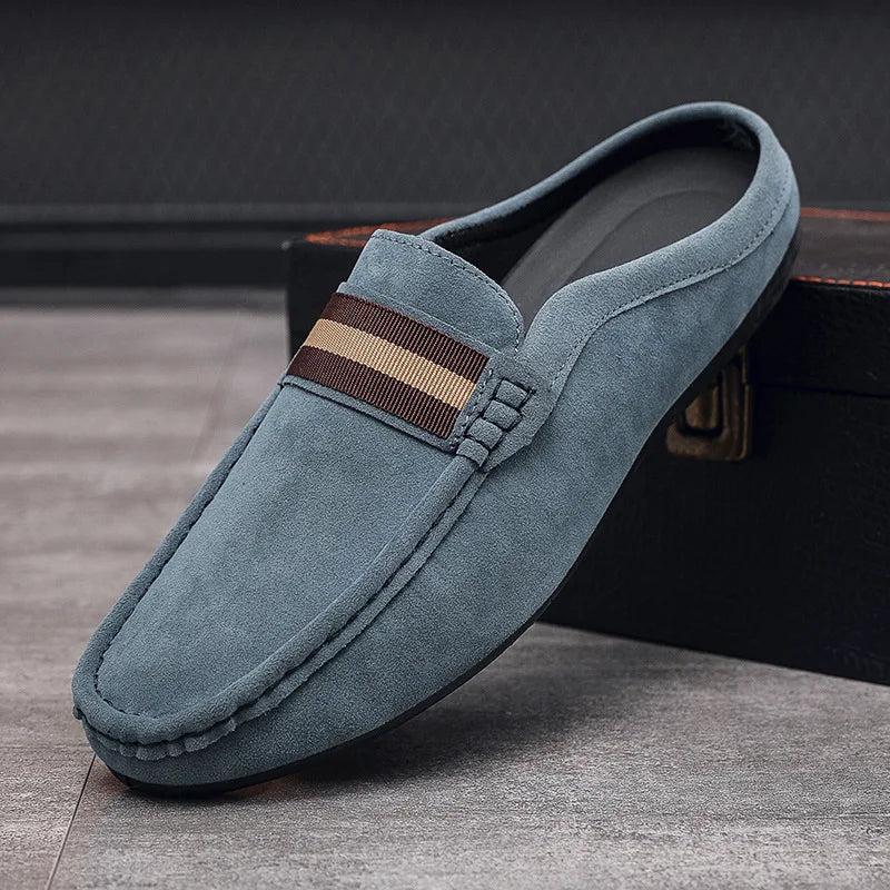 Men's slip-on loafer mule with striped band in beige