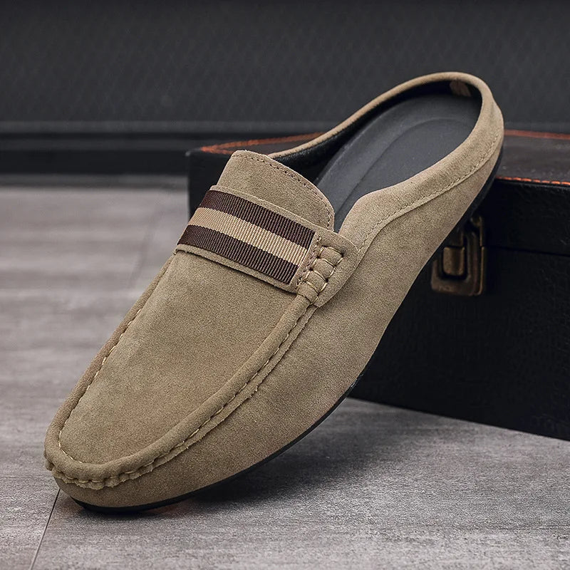 Men's slip-on loafer mule with striped band in black