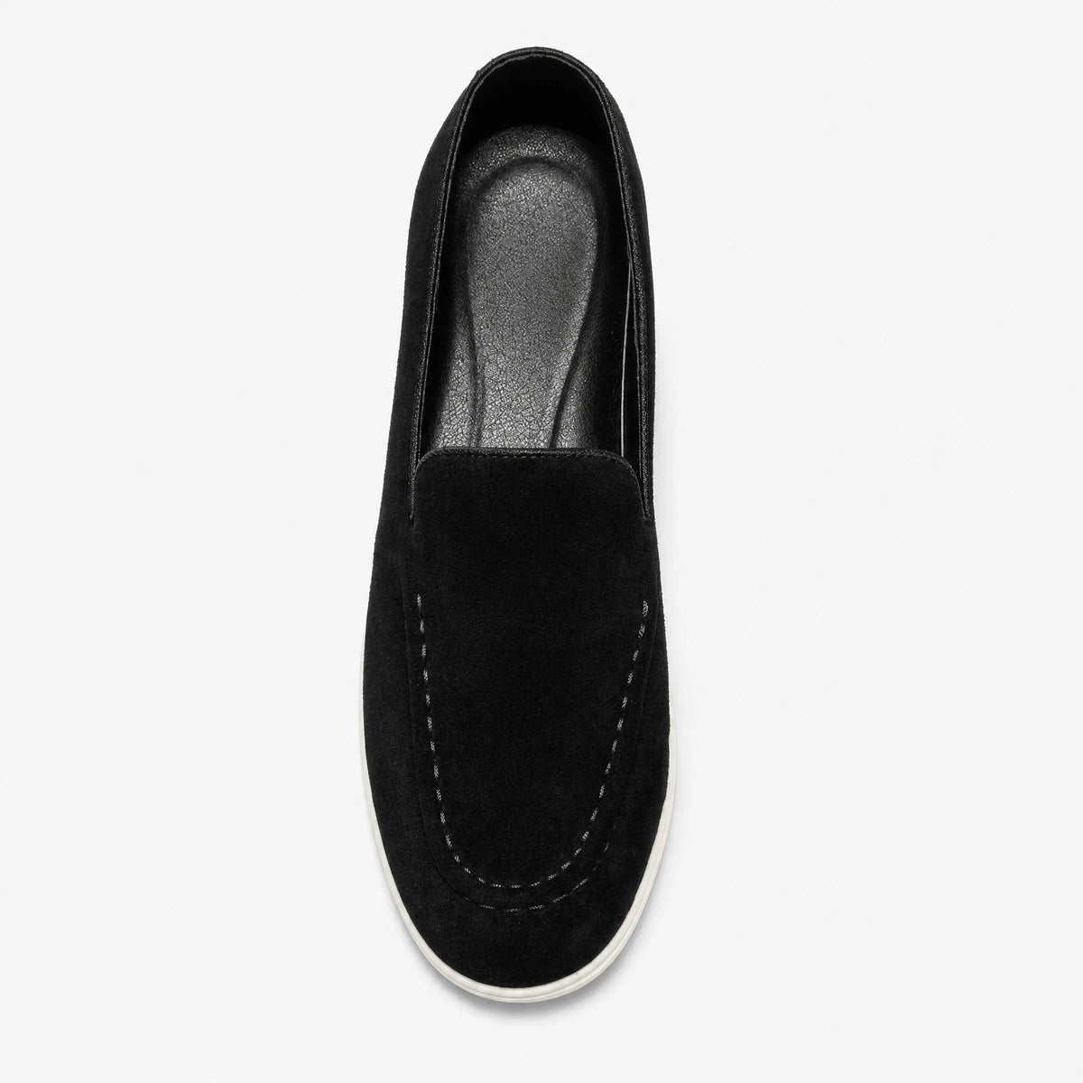Men's black and beige slip-on loafer with white sole, black front view