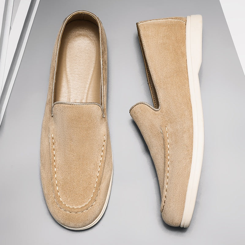 Men's black and beige slip-on loafer with white sole, beige pair side by side
