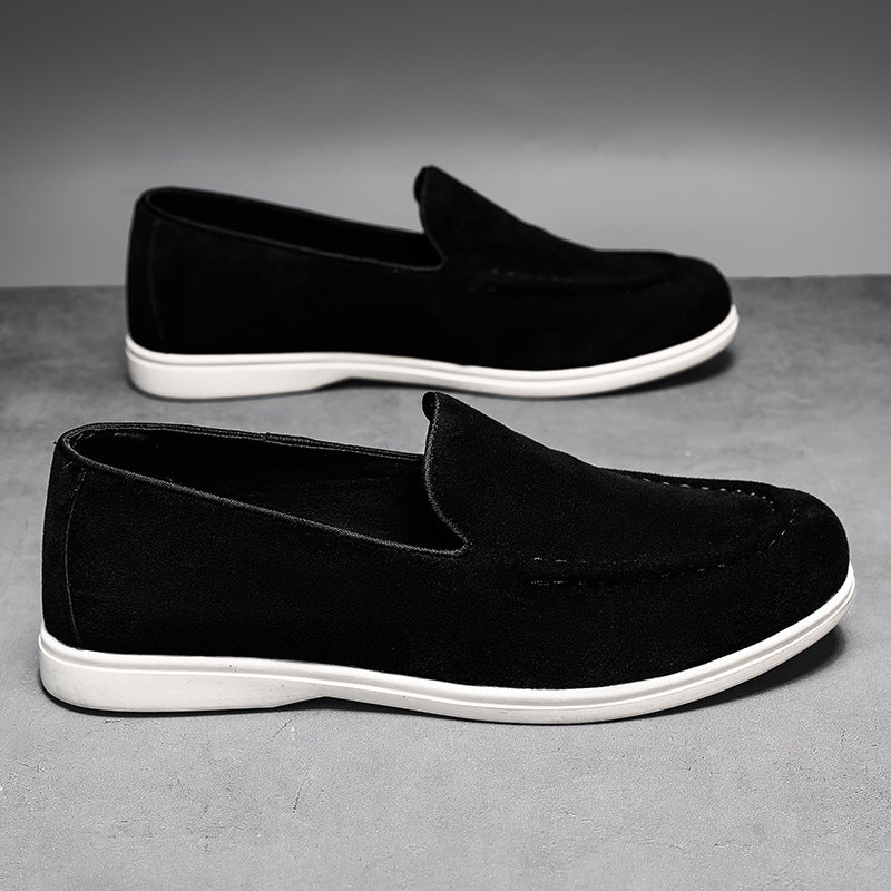 Men's black and beige slip-on loafer with white sole, beige detail of the upper