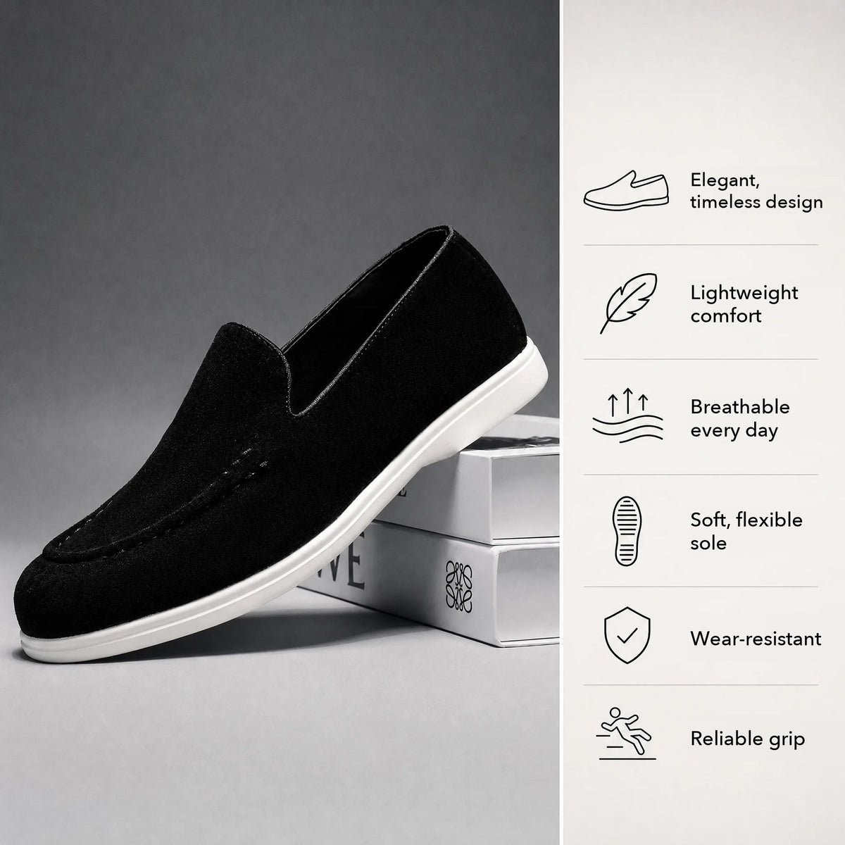 Men's black and beige slip-on loafer with white sole, beige back view Image