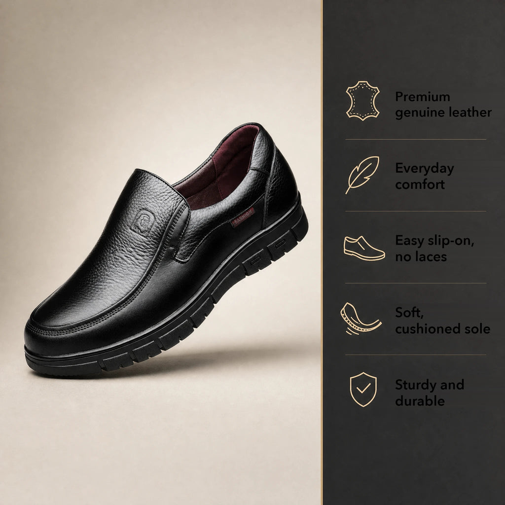 Black loafer, back view with heel