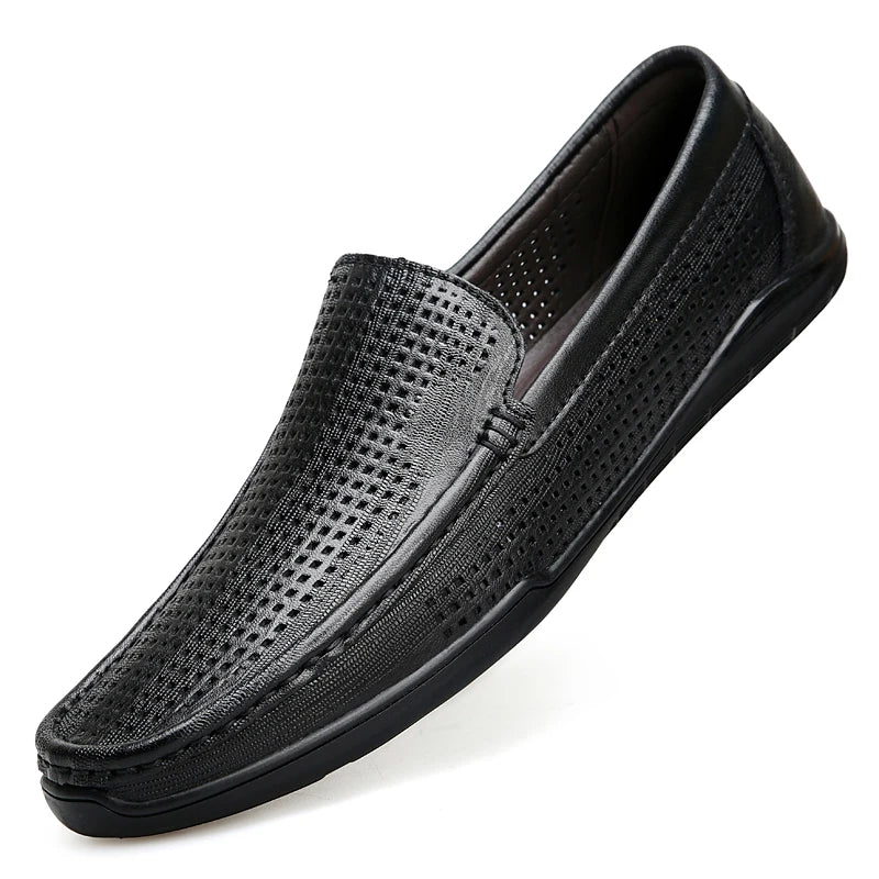 Black perforated leather loafer for men