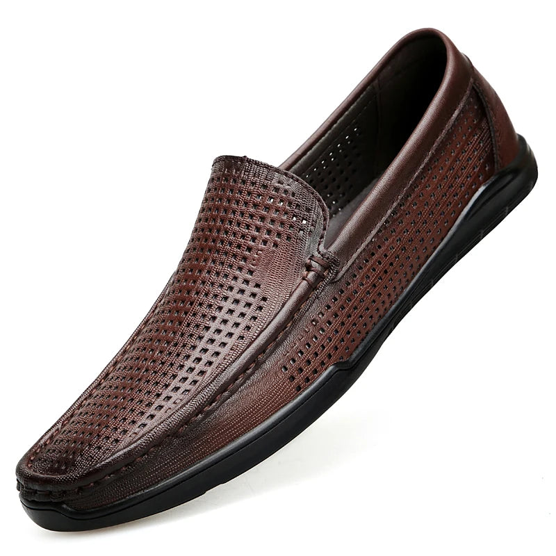 Perforation detail on men's leather loafer