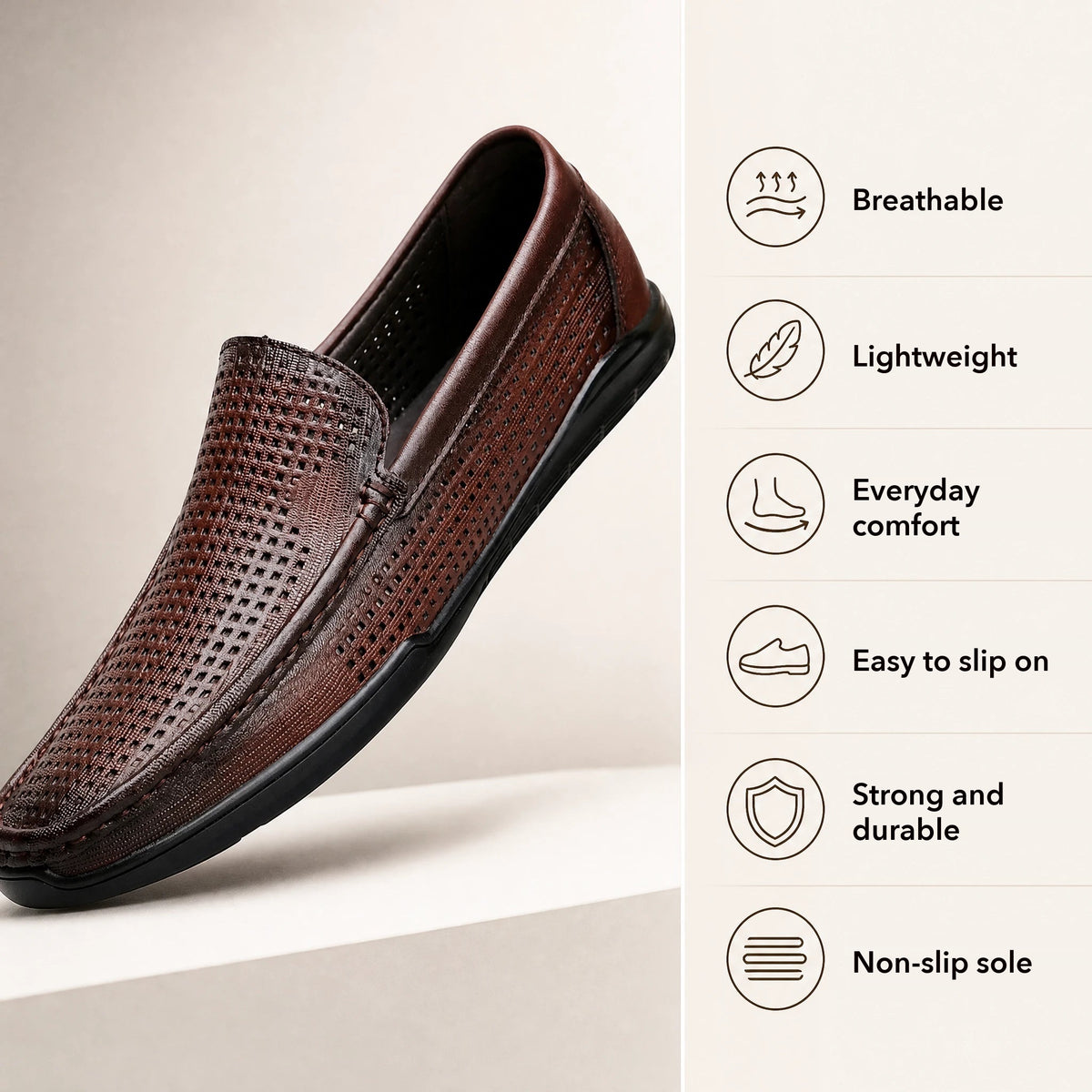 Brown perforated leather loafer for men Image