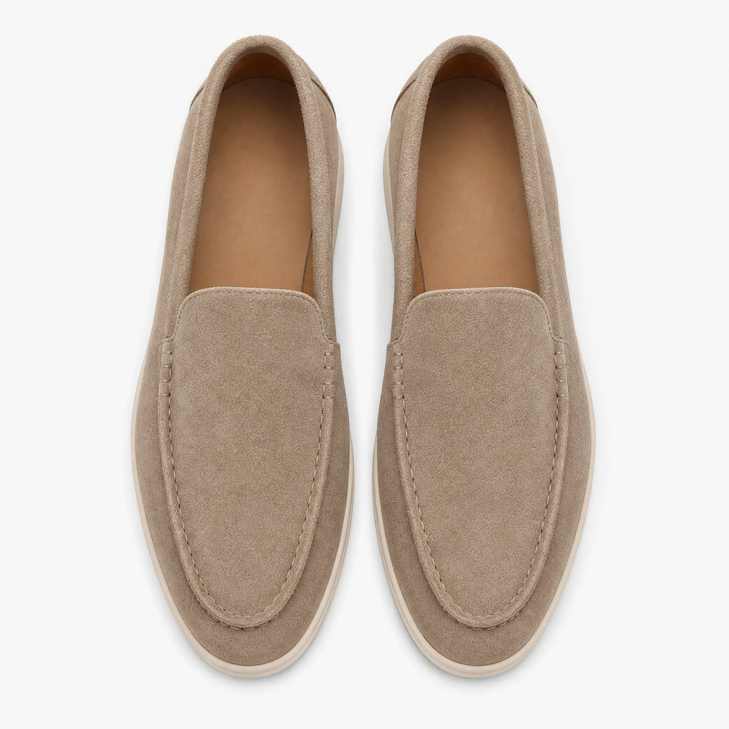 Men's soft suede loafers with light sole, Taupe, front view