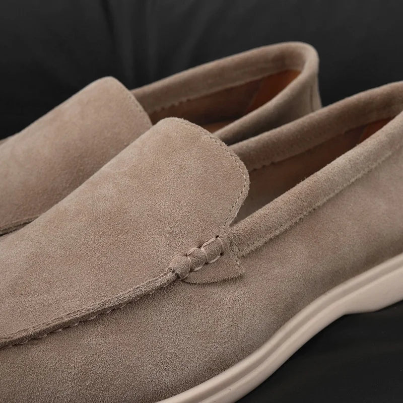 Men's soft suede loafers with light sole, Camel, side view