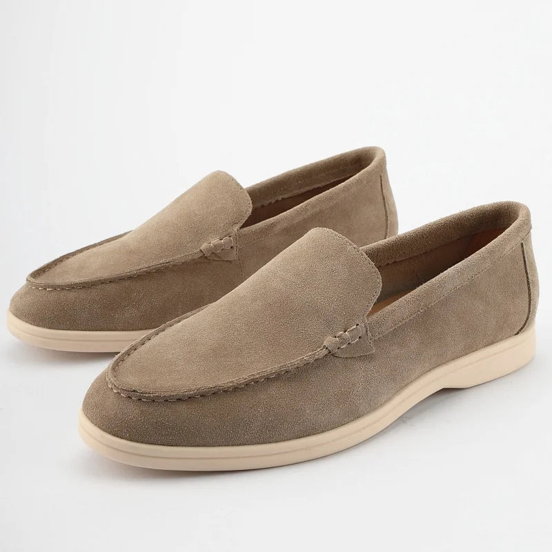 Men's soft suede loafers with light sole, Taupe, pair view