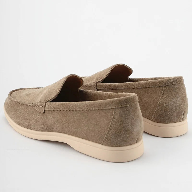 Men's soft suede loafers with light sole, Camel, top view