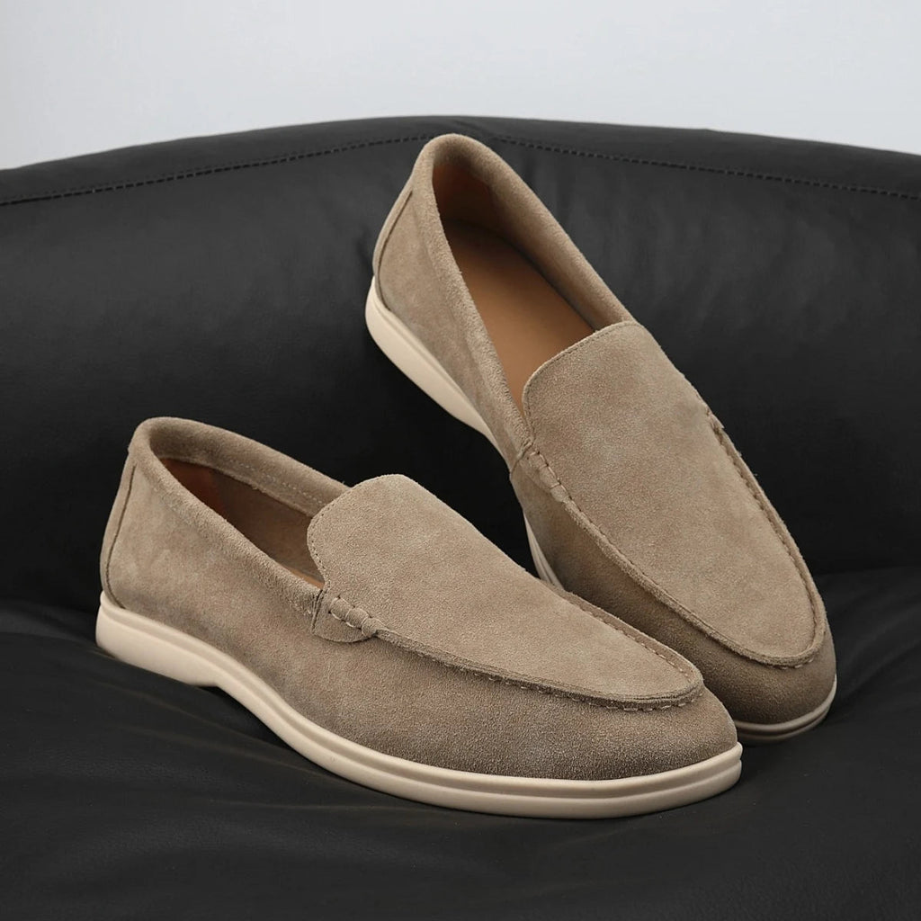 Men's soft suede loafers with light sole, Camel, sole view