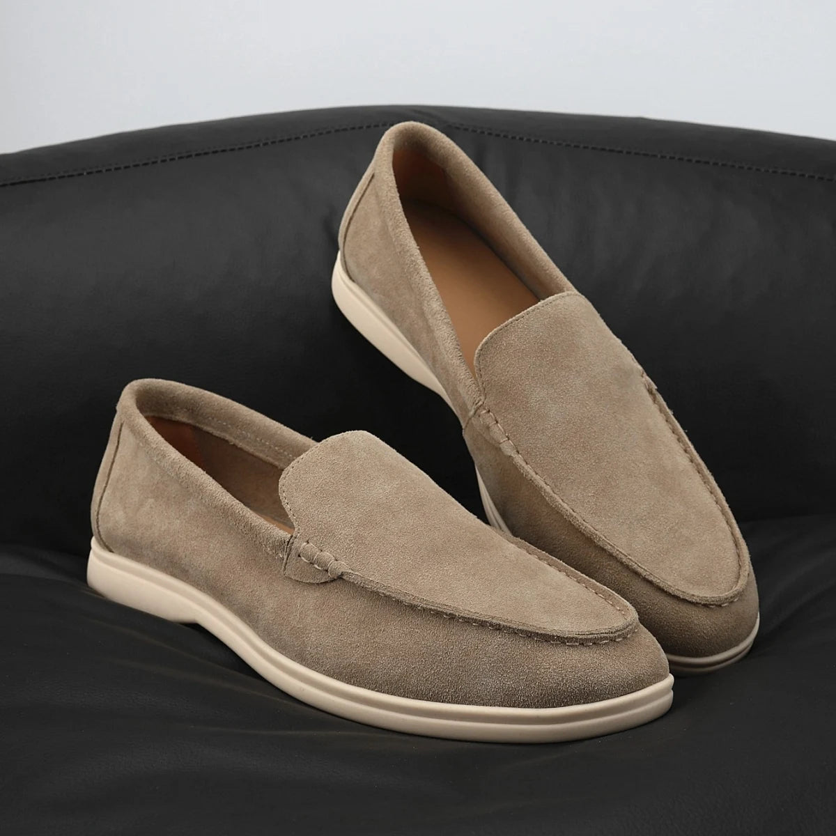 Men's soft suede loafers with light sole, Camel, sole view