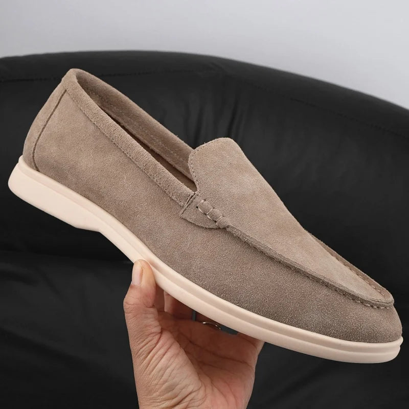 Men's soft suede loafers with light sole, Taupe, worn look