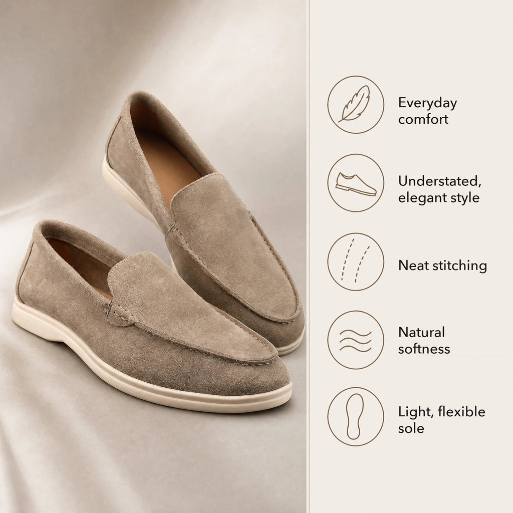 Men's soft suede loafers with light sole, Taupe, heel view