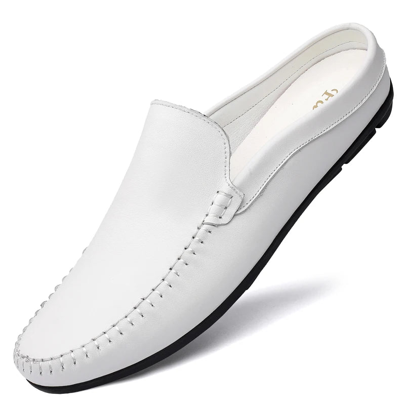 Men's split leather backless slip-on mule, white version, view 5