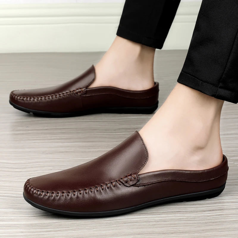 Men's split leather backless slip-on mule, black version, view 7