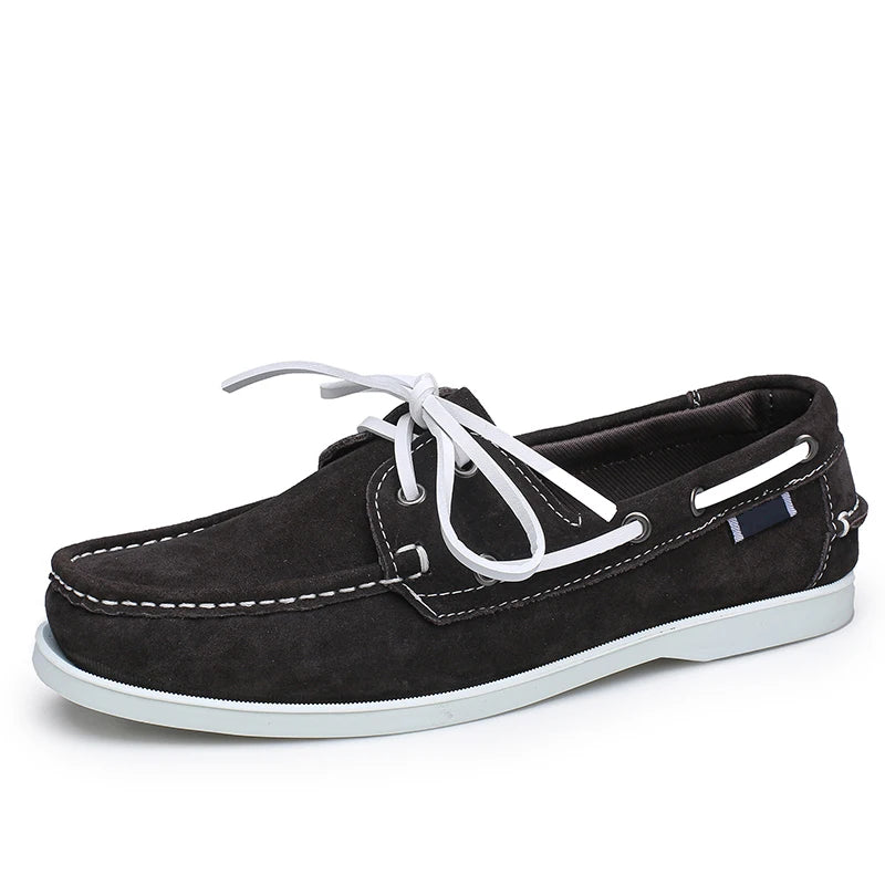 Men's suede boat loafers with white laces, Taupe, back view