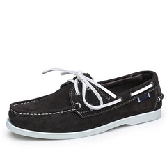 Men's Suede Boat Loafers with White Laces, Dark Brown