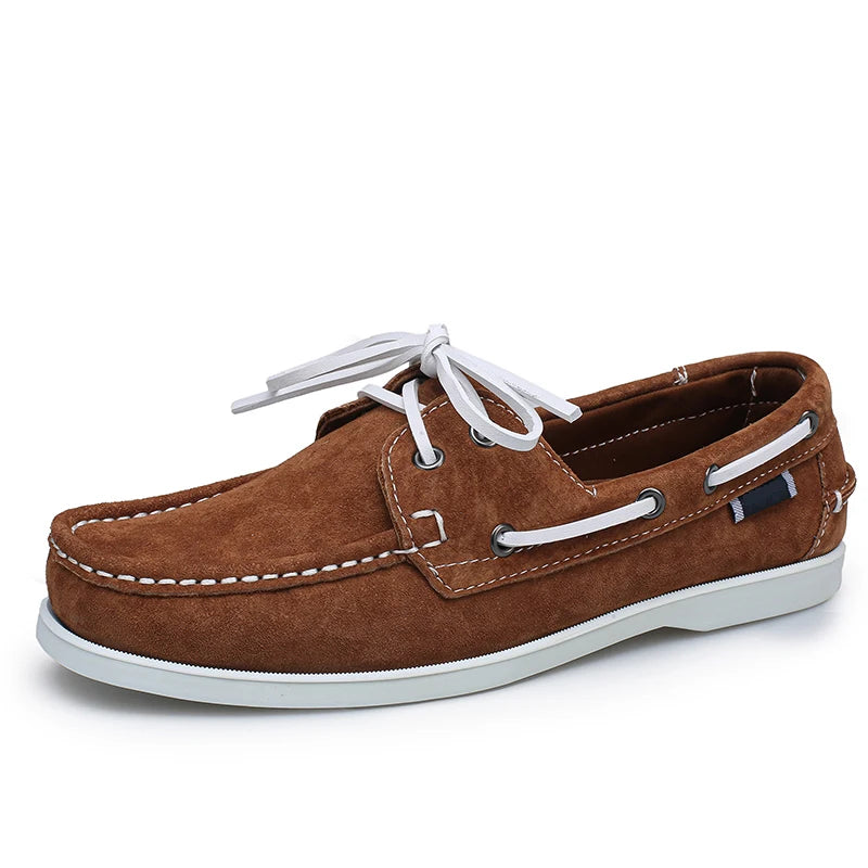 Men's suede boat loafers with white laces, Light Green, three-quarter view