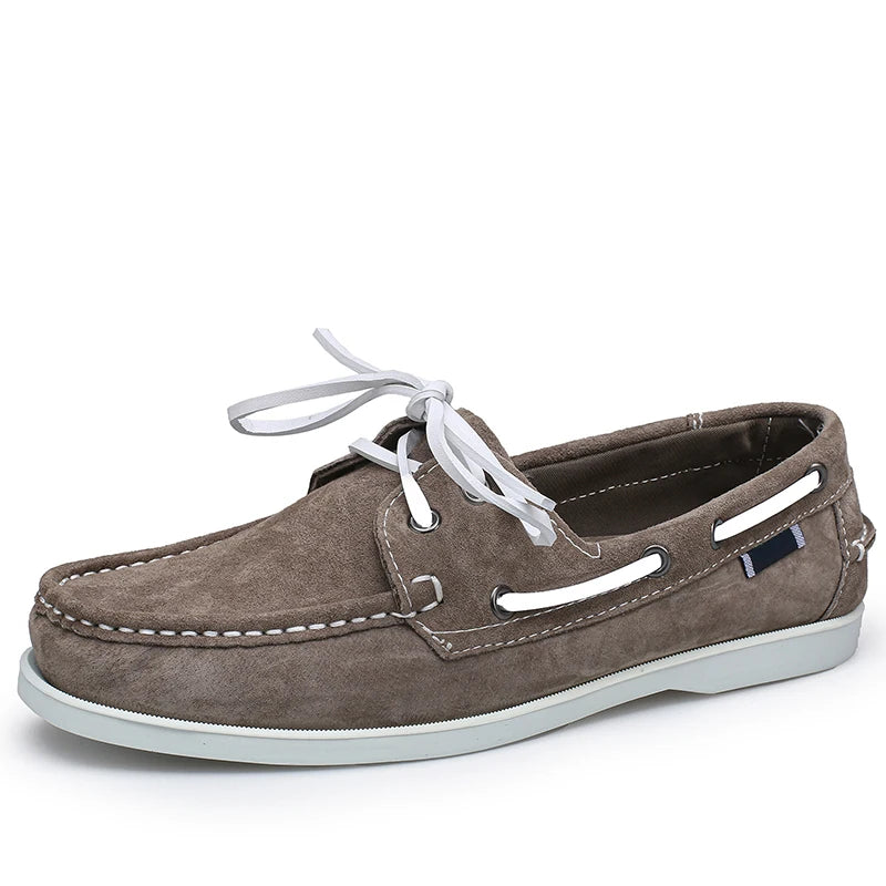 Men's suede boat loafers with white laces, Cognac, lifestyle view