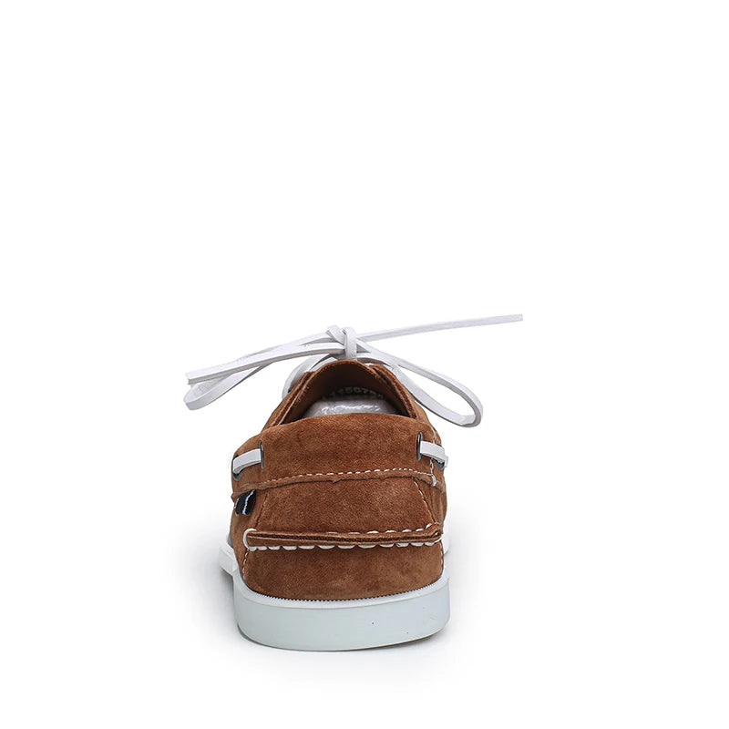Men's suede boat loafers with white laces, Dark Brown, side view