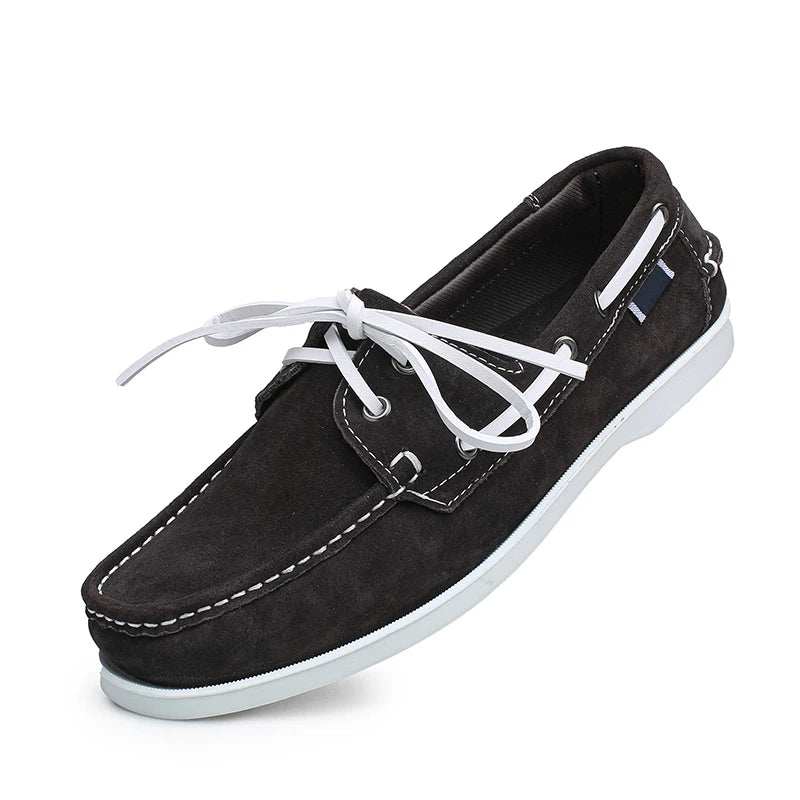 Men's suede boat loafers with white laces, Cognac, pair view