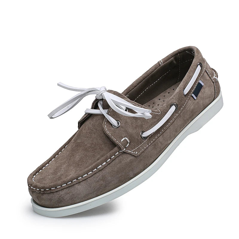 Men's suede boat loafers with white laces, Beige, top view