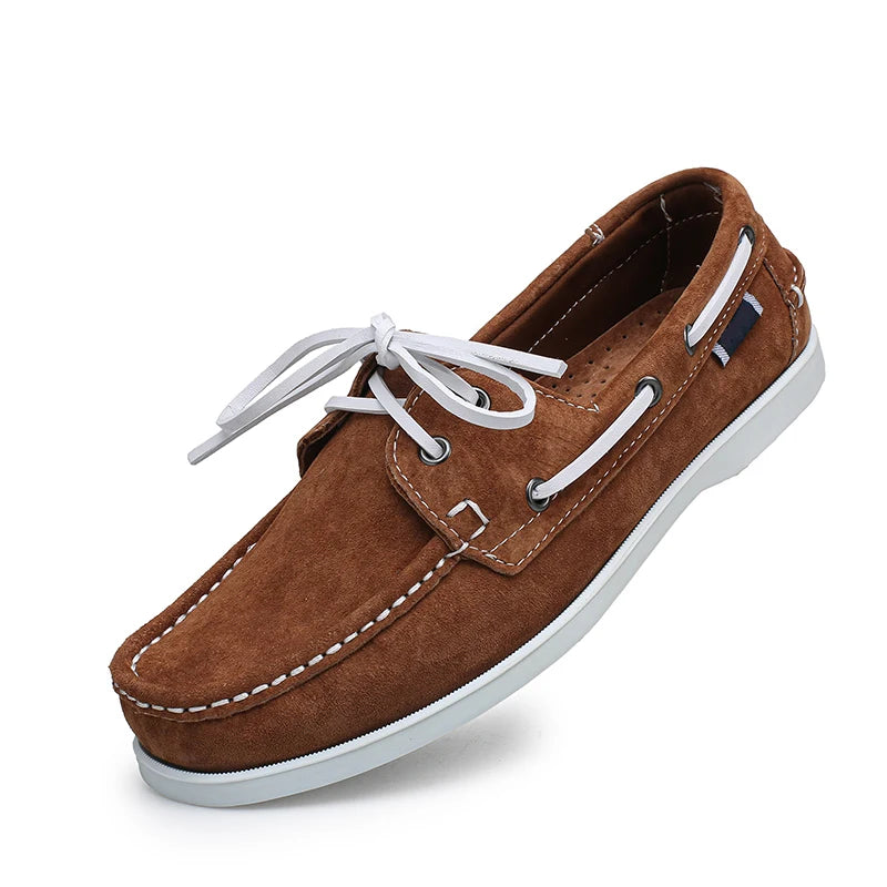 Men's suede boat loafers with white laces, Light Green, sole view