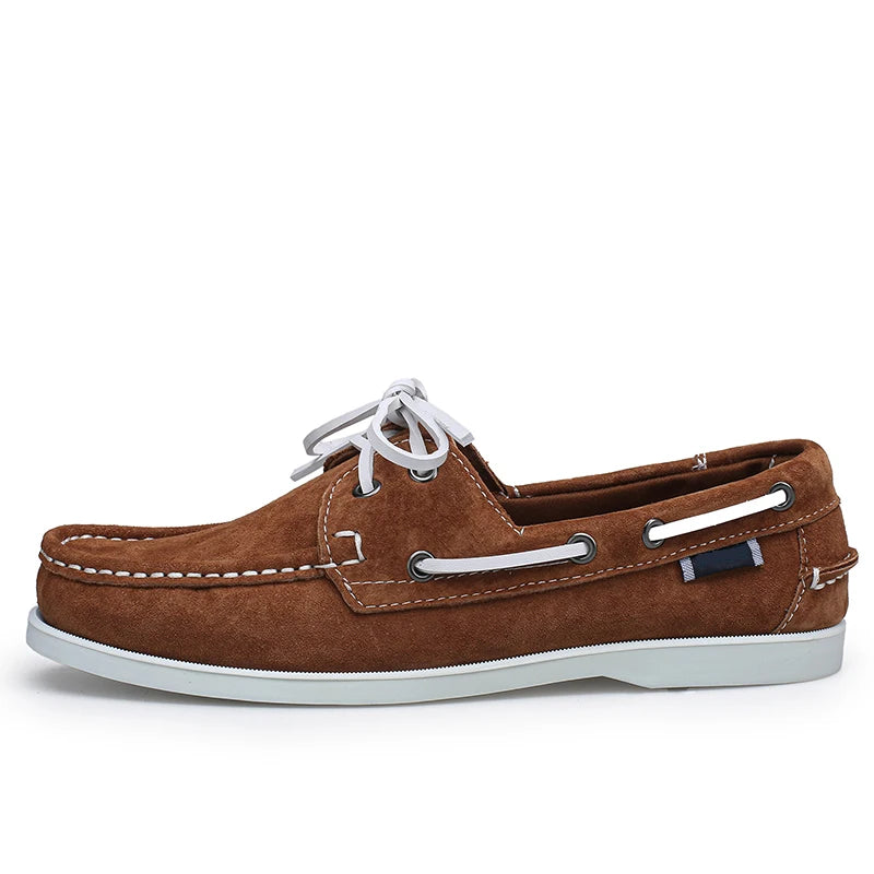Men's suede boat loafers with white laces, Dark Brown, worn look