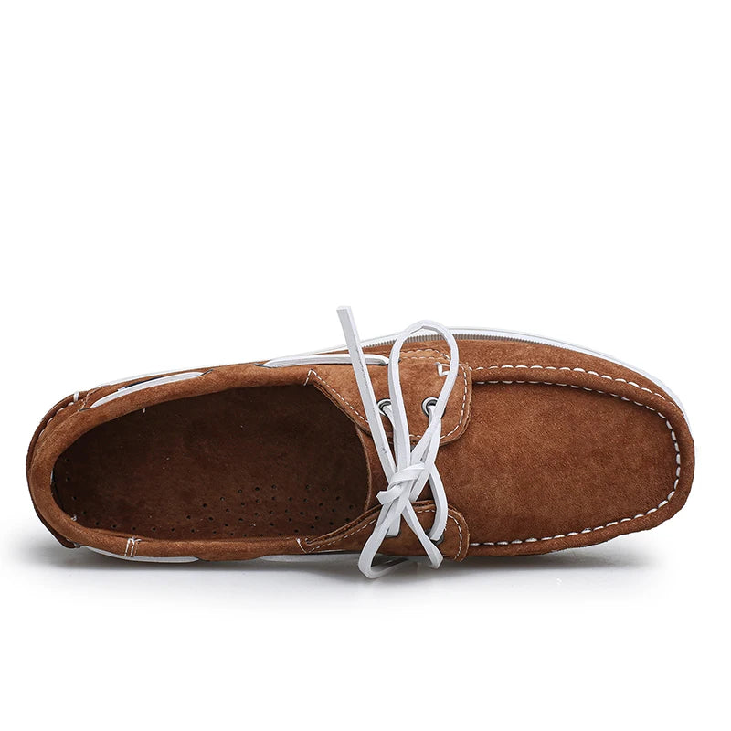 Men's suede boat loafers with white laces, Cognac, detail view
