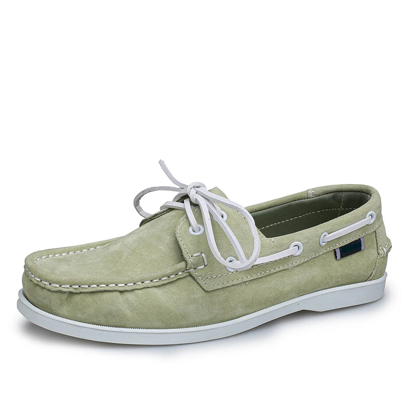 Men's suede boat loafers with white laces, Beige, close-up