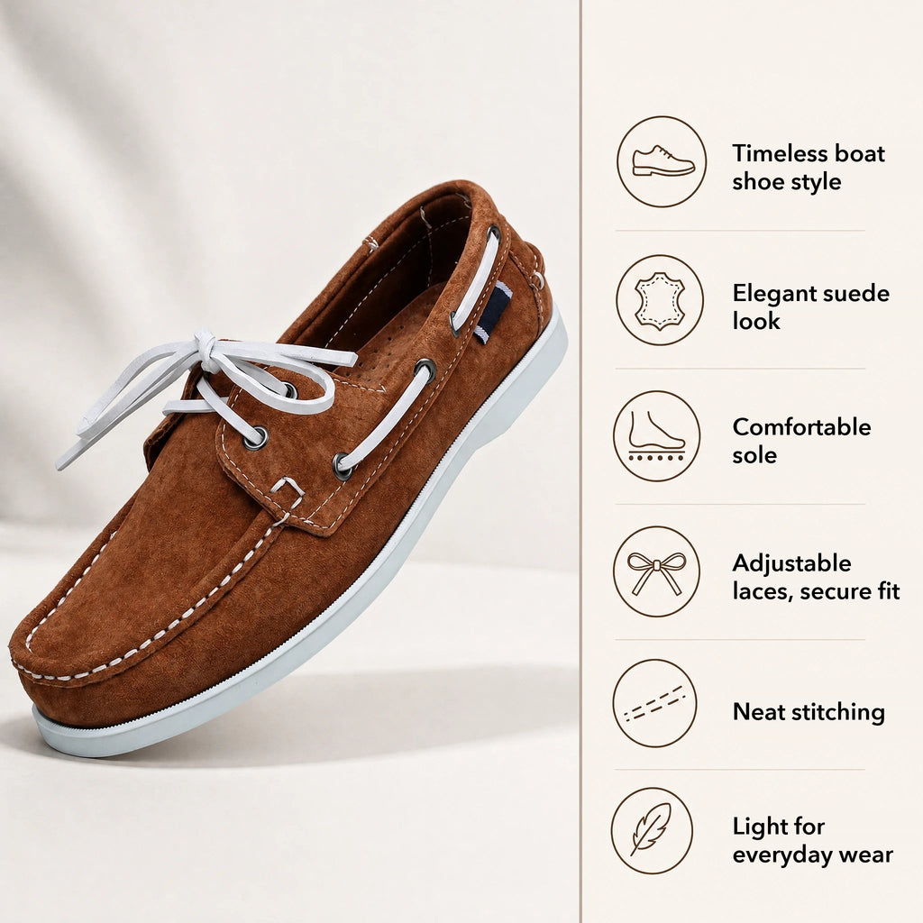 Men's suede boat loafers with white laces, Taupe, heel view