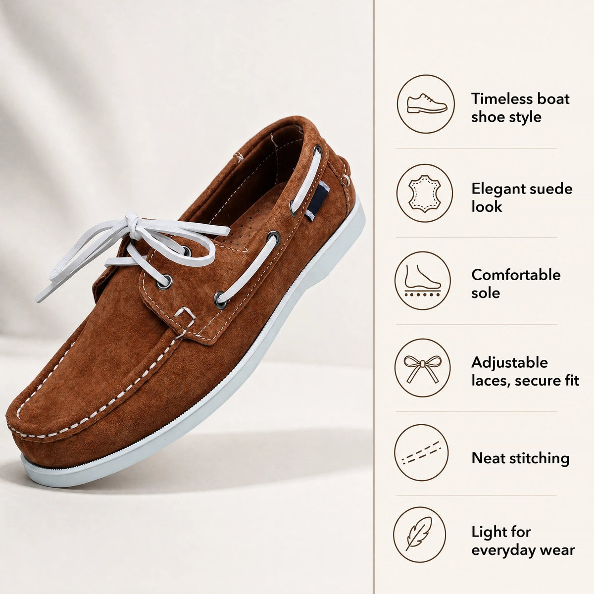 Men's suede boat loafers with white laces, Taupe, heel view