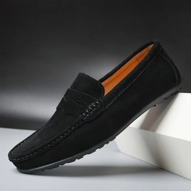 Men's suede driving loafers with grip sole, Black, front view