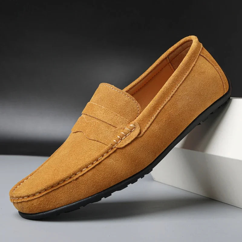 Men's suede driving loafers with grip sole, Brown, side view