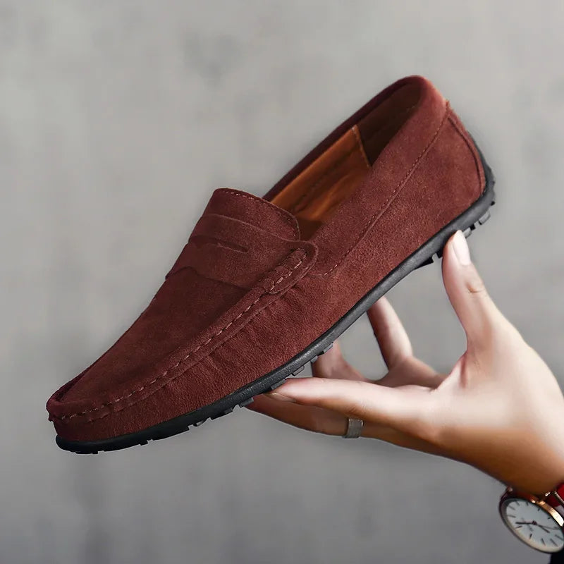 Men's suede driving loafers with grip sole, Camel, detail view